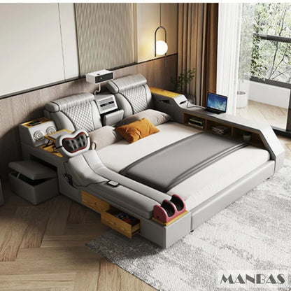 The Ultimate Multifunctional Bedframe with Genuine Leather, Massage, Speaker, Projector, Air Purifier