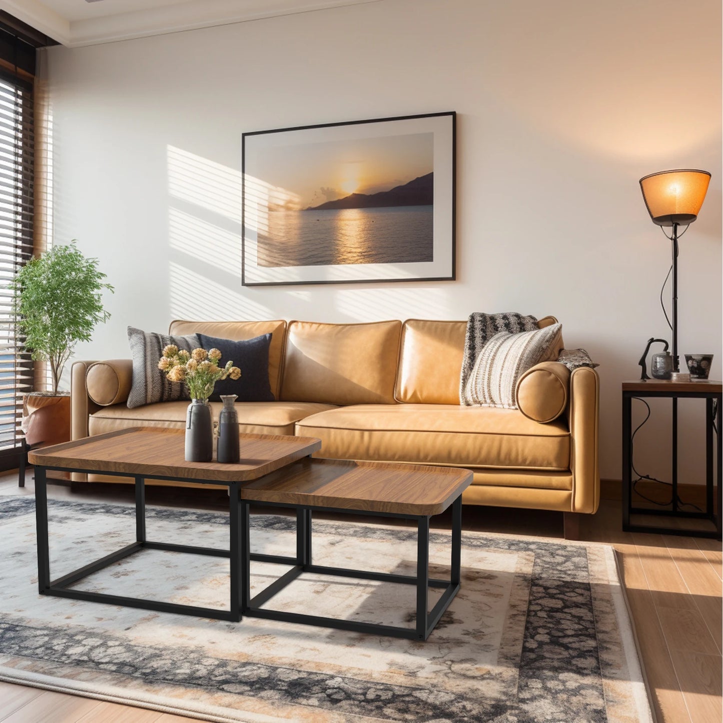 2-Piece Nesting Coffee Table Set - Industrial Coffee Table Set, Stacking Vintage Side End Table