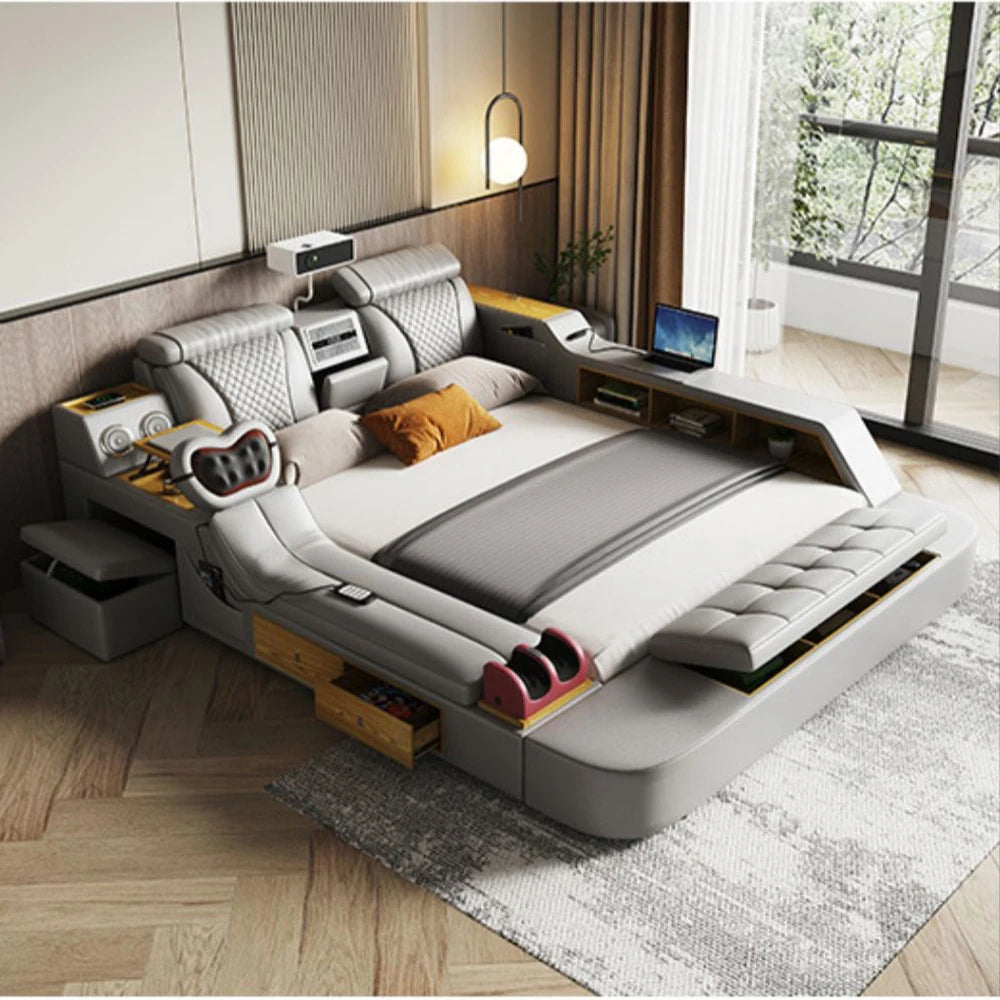 The Ultimate Multifunctional Bedframe with Genuine Leather, Massage, Speaker, Projector, Air Purifier