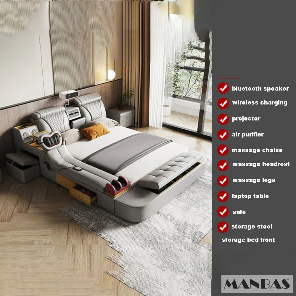 The Ultimate Multifunctional Bedframe with Genuine Leather, Massage, Speaker, Projector, Air Purifier