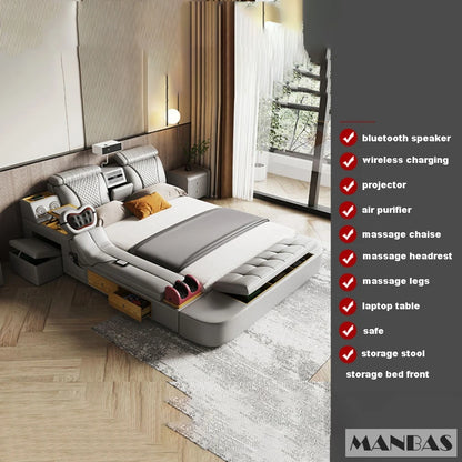 The Ultimate Multifunctional Bedframe with Genuine Leather, Massage, Speaker, Projector, Air Purifier