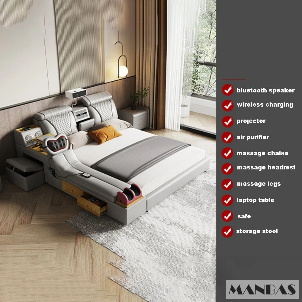 The Ultimate Multifunctional Bedframe with Genuine Leather, Massage, Speaker, Projector, Air Purifier