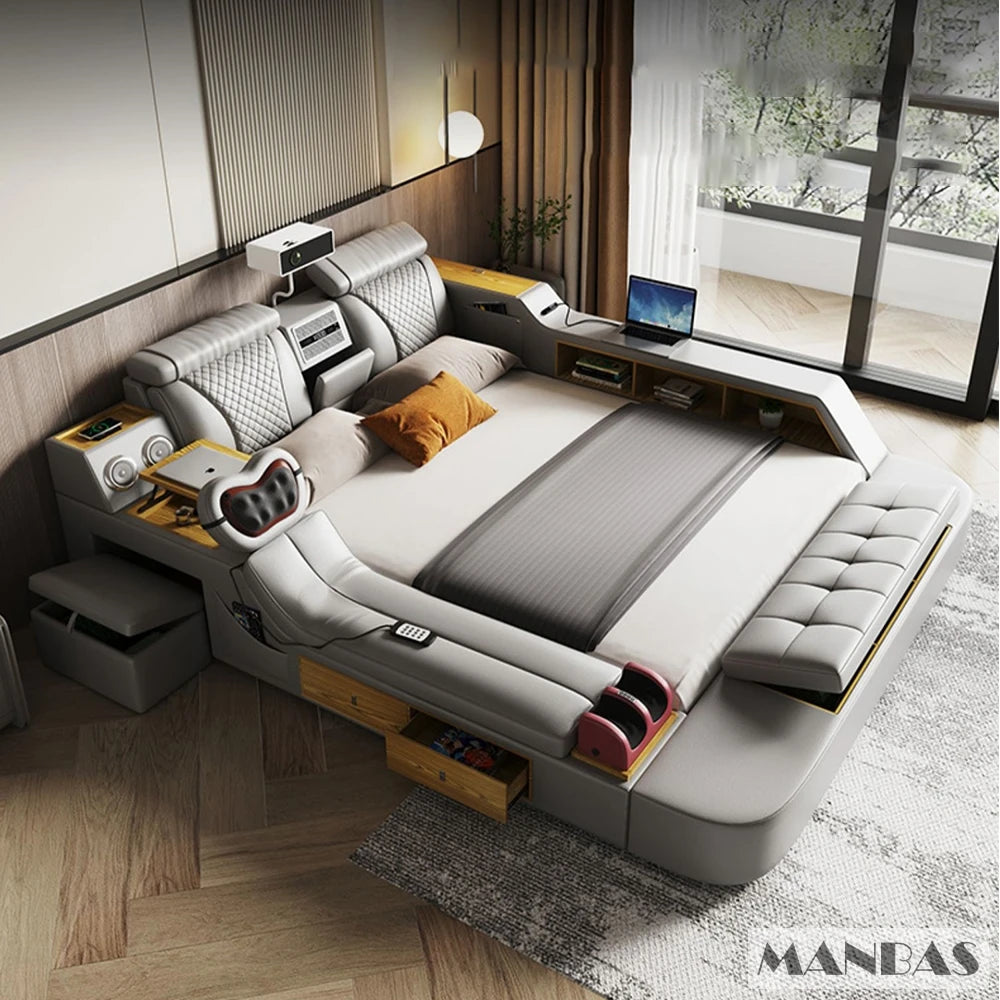 The Ultimate Multifunctional Bedframe with Genuine Leather, Massage, Speaker, Projector, Air Purifier
