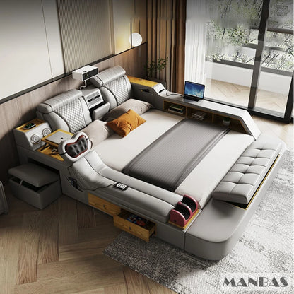 The Ultimate Multifunctional Bedframe with Genuine Leather, Massage, Speaker, Projector, Air Purifier