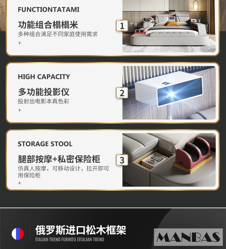 The Ultimate Multifunctional Bedframe with Genuine Leather, Massage, Speaker, Projector, Air Purifier