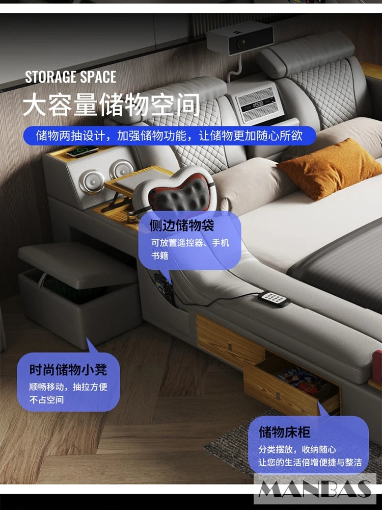 The Ultimate Multifunctional Bedframe with Genuine Leather, Massage, Speaker, Projector, Air Purifier