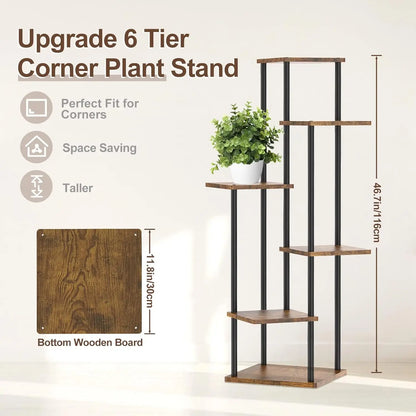 Tall Corner Wood Metal Plant Shelf Holder -  6 Tier Corner Plant Stand