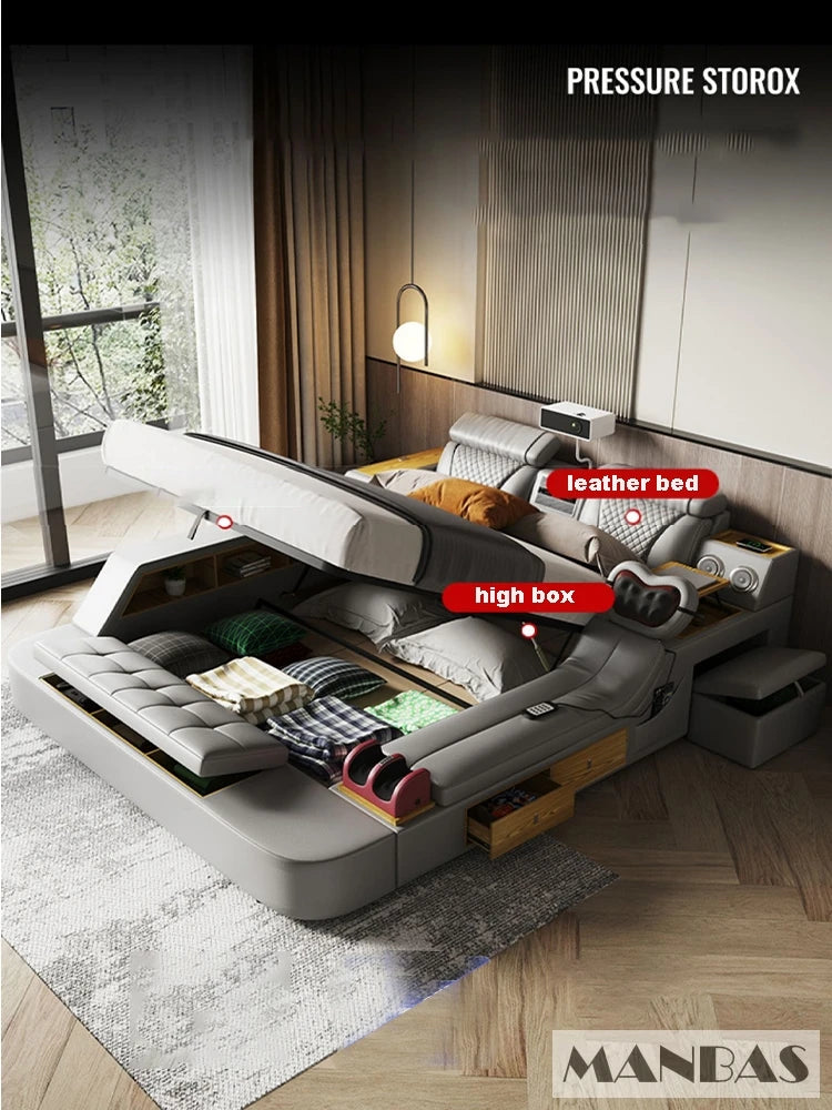 The Ultimate Multifunctional Bedframe with Genuine Leather, Massage, Speaker, Projector, Air Purifier