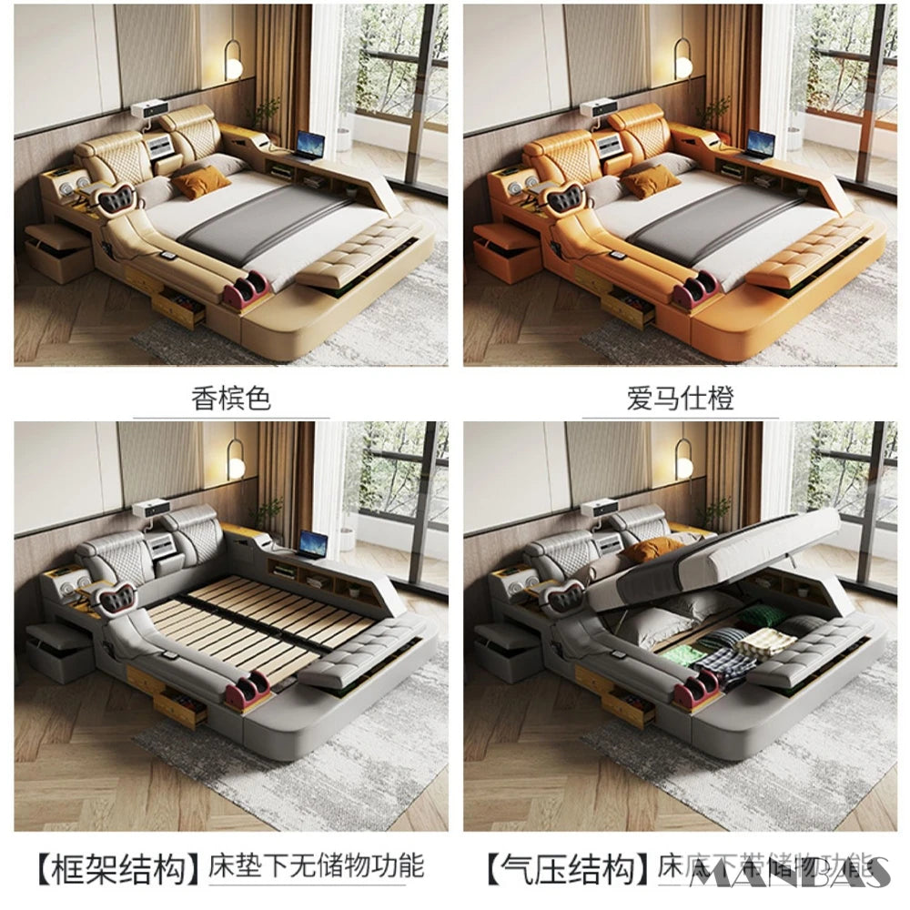 The Ultimate Multifunctional Bedframe with Genuine Leather, Massage, Speaker, Projector, Air Purifier